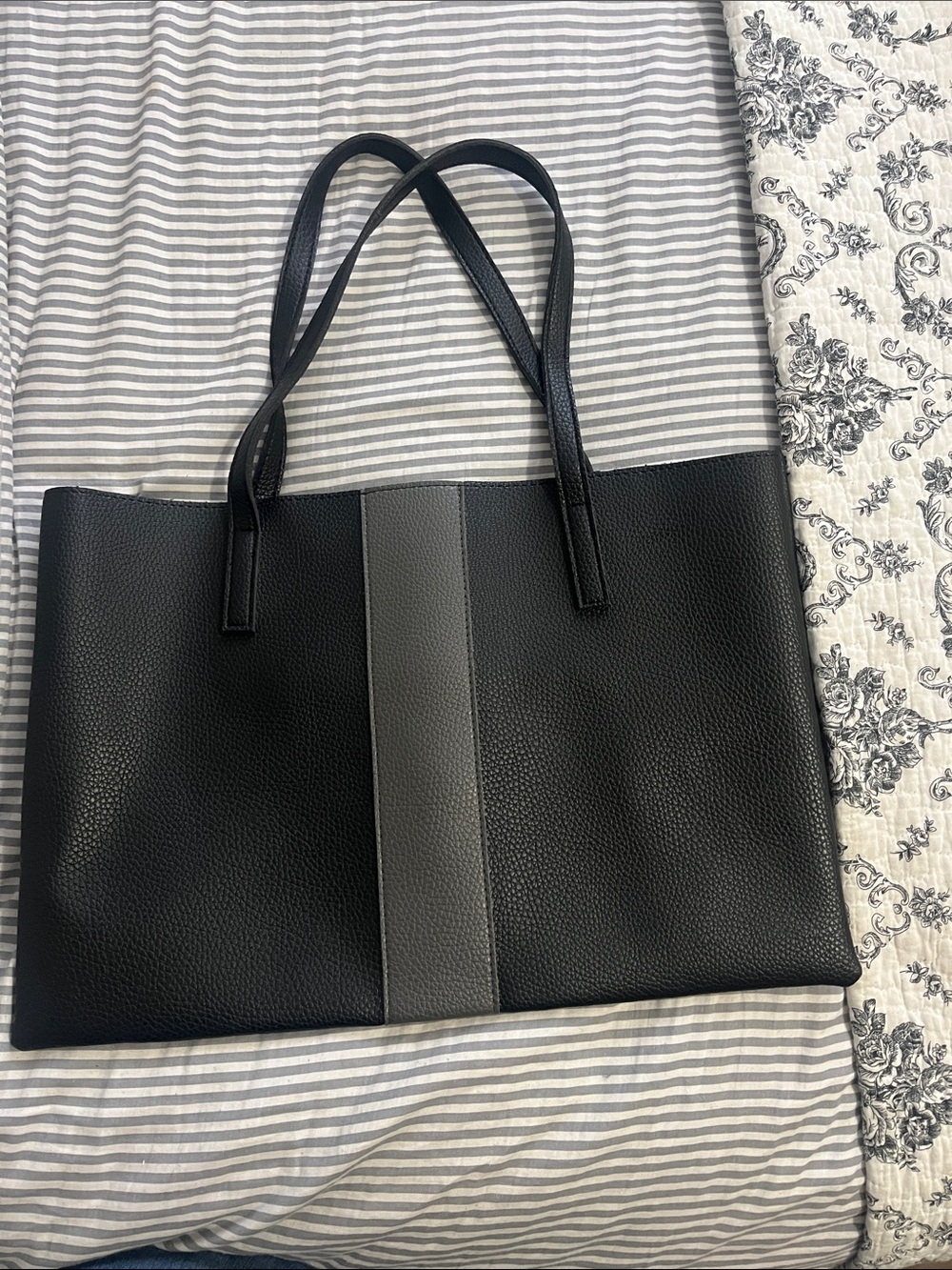 Vince Camuto Black Tote Bag with Gray Stripe
